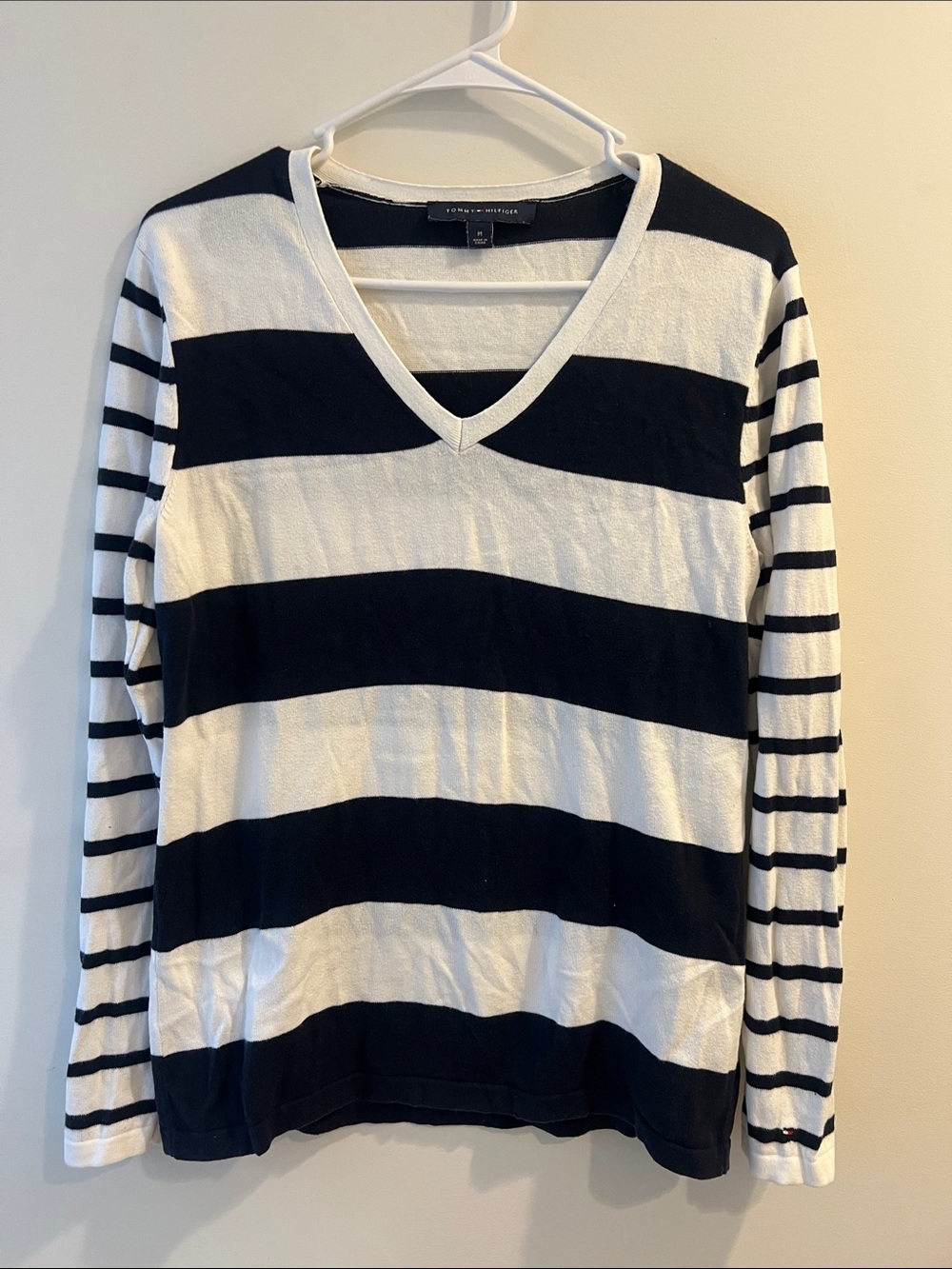 Tommy Hilfiger Navy and White Striped V-Neck Sweater